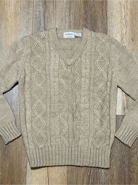 Vtg Brian MacNeil Fisherman V-Neck Chunky Cable Knit Sweater Tan M Preppy
